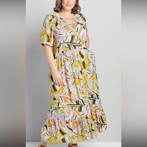 Lane Bryant Size 22 Slub Knit Maxi Dress Abstract Tropical Pockets Cottagecore